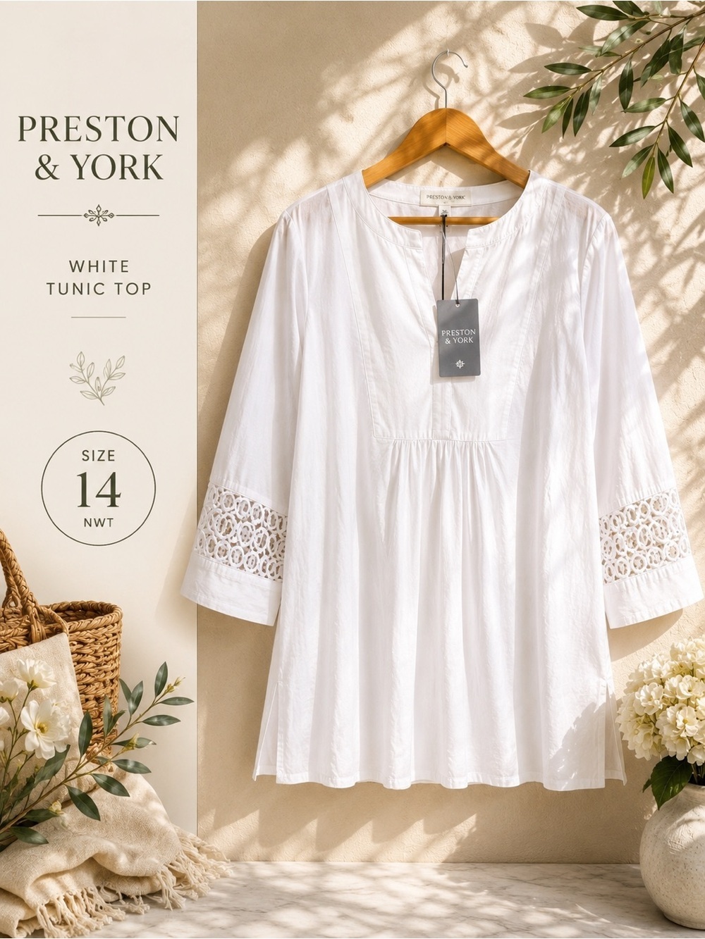 Preston & York White Eyelet Sleeve Tunic Top Size 14 NWT